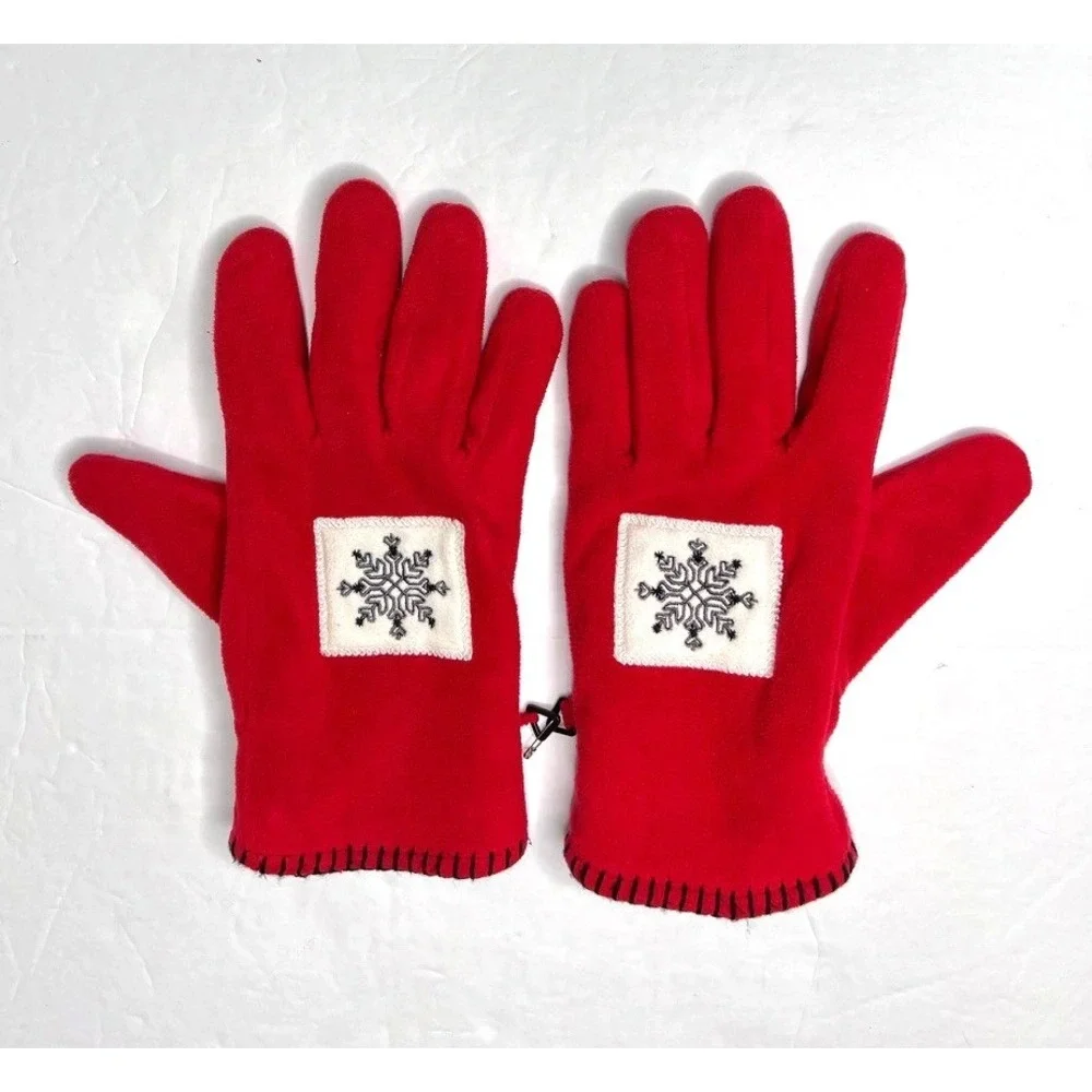 Casual Corner Women's Fleece Gloves LARGE Red Snowflake Blanket Stitch Vintage